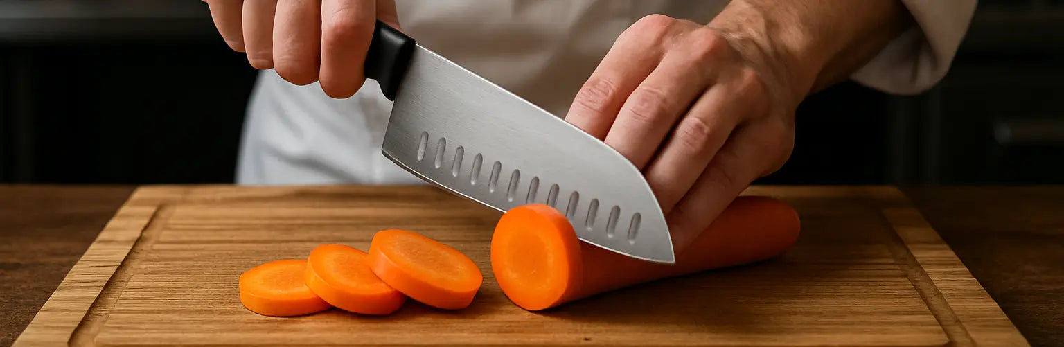 Person cutting carrots on a wooden cutting board with a chef's knife.