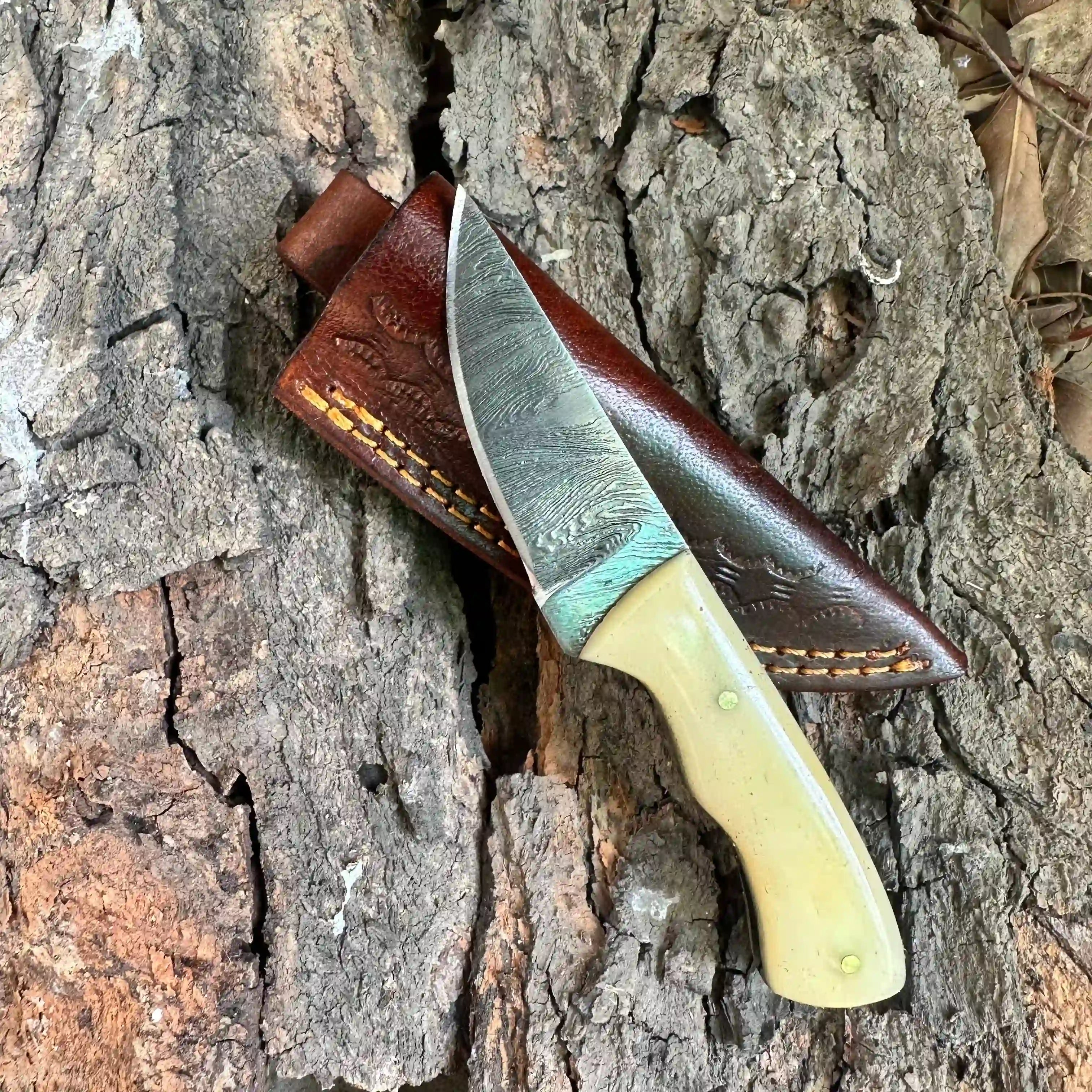 Handmade Damascus Skinner Knife with Bone & Resin Handle