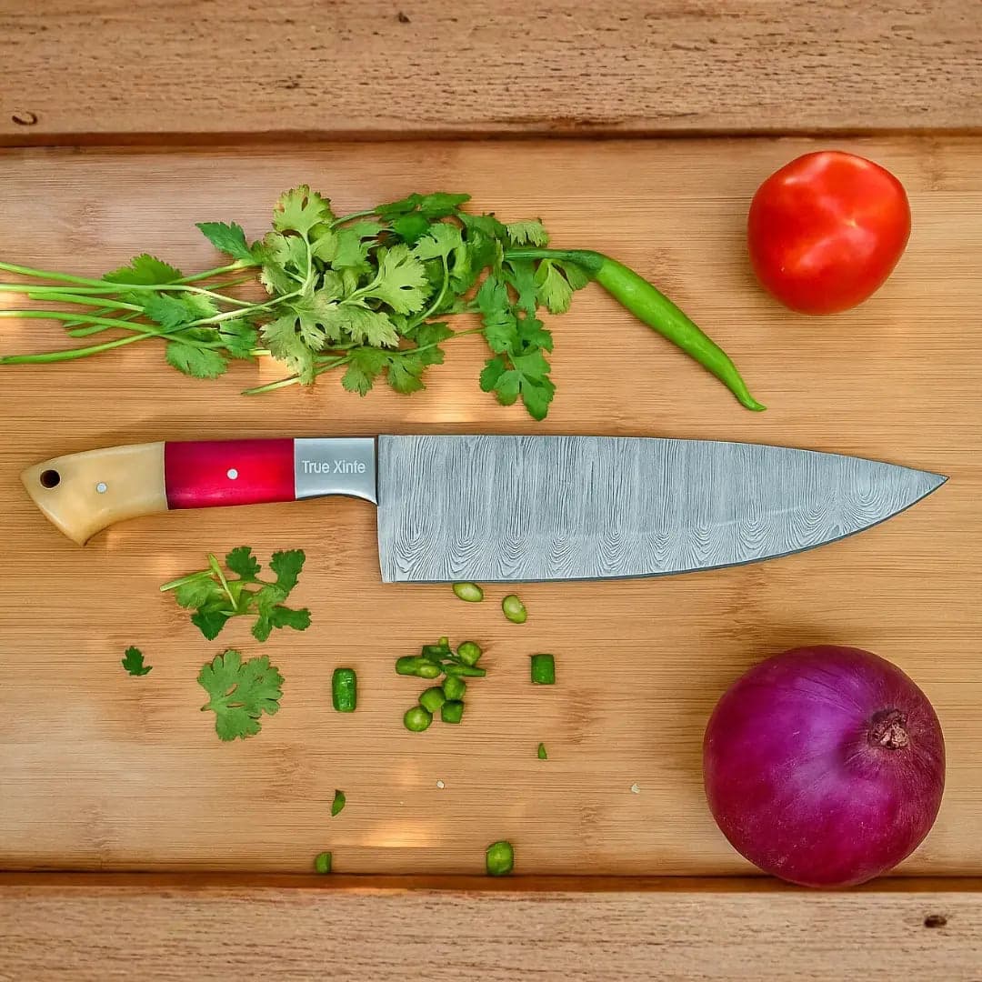 12" Damascus Chef Knife - Camel Bone & Coloured Wood Handle