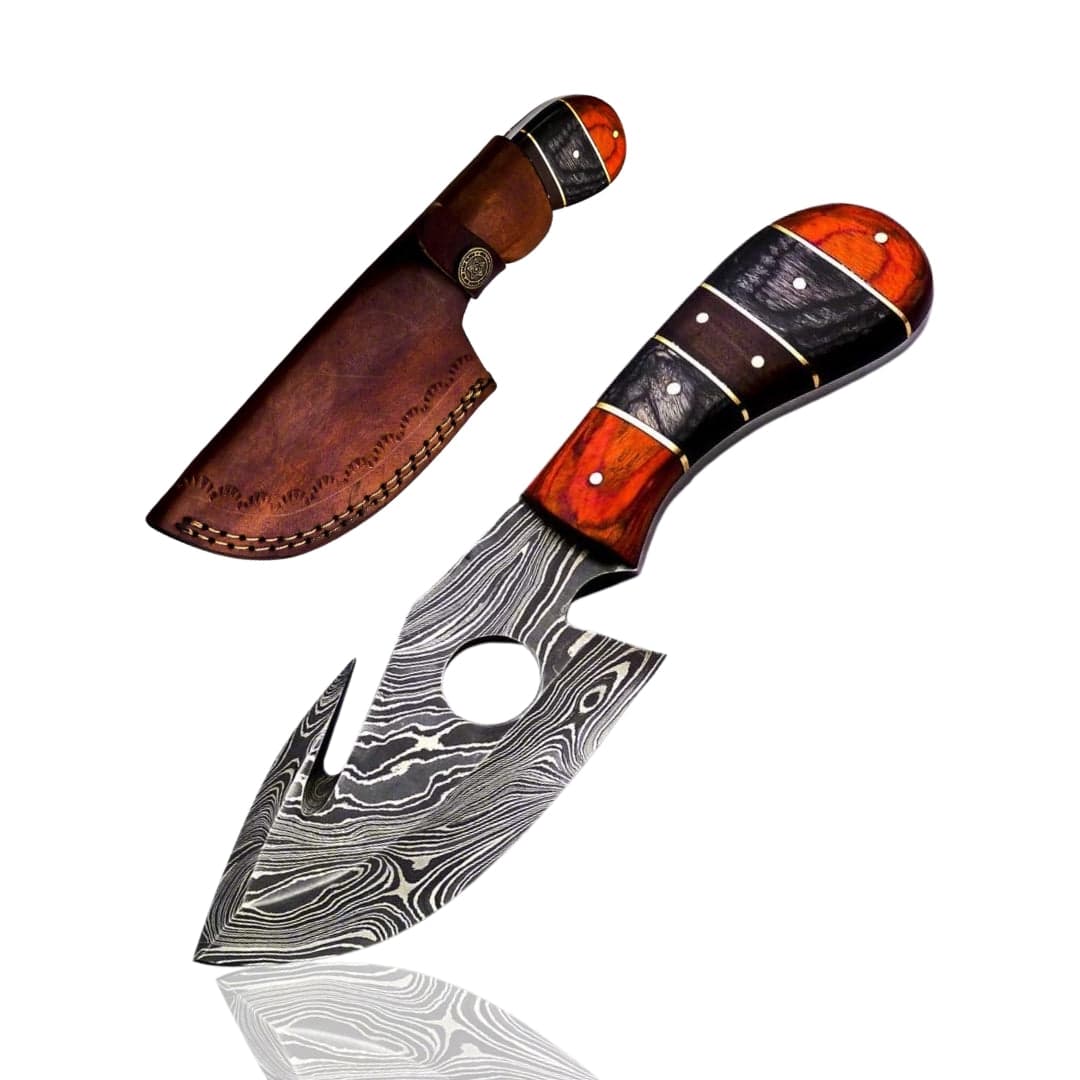 Damascus Gut Hook Skinner Pakkawood