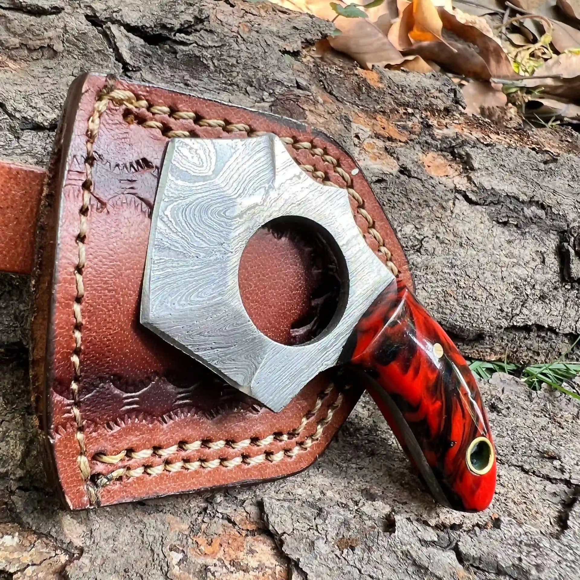 Handmade Damascus Steel Finger Hole Knife with Resin Handle