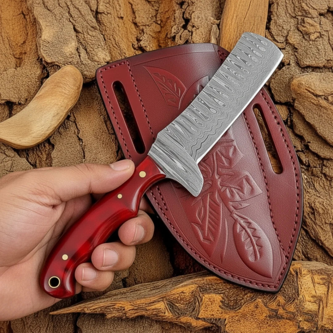 Hand holding a knife with a red handle and silver blade, against a wooden background