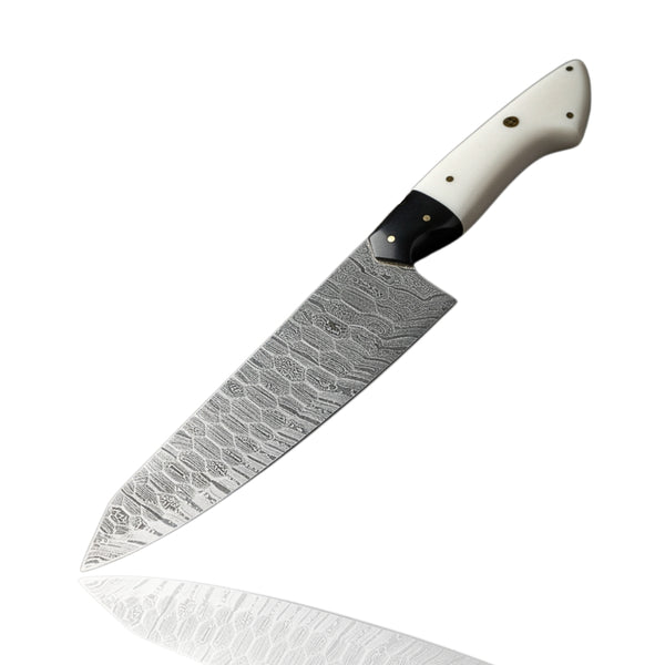Chef's knife with a white handle on a white background