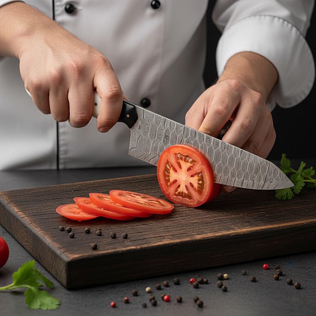 Chef slicing a tomato on a wooden cutting board with a dark background