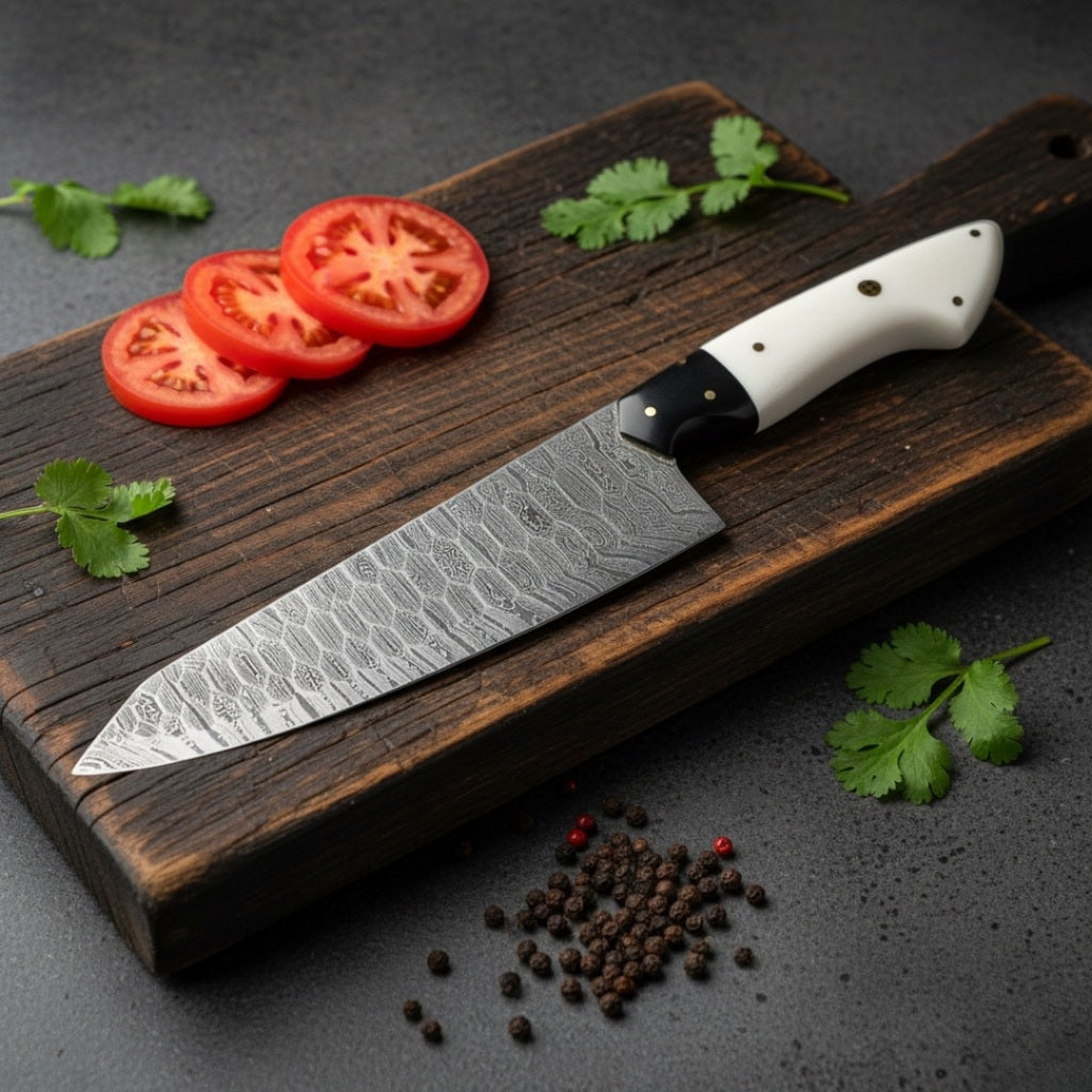 Chef's knife with a white handle on a wooden cutting board with sliced tomatoes and herbs.
