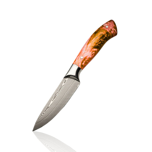 Damascus paring knife with a unique orange and brown swirled resin handle, displayed on a white background.