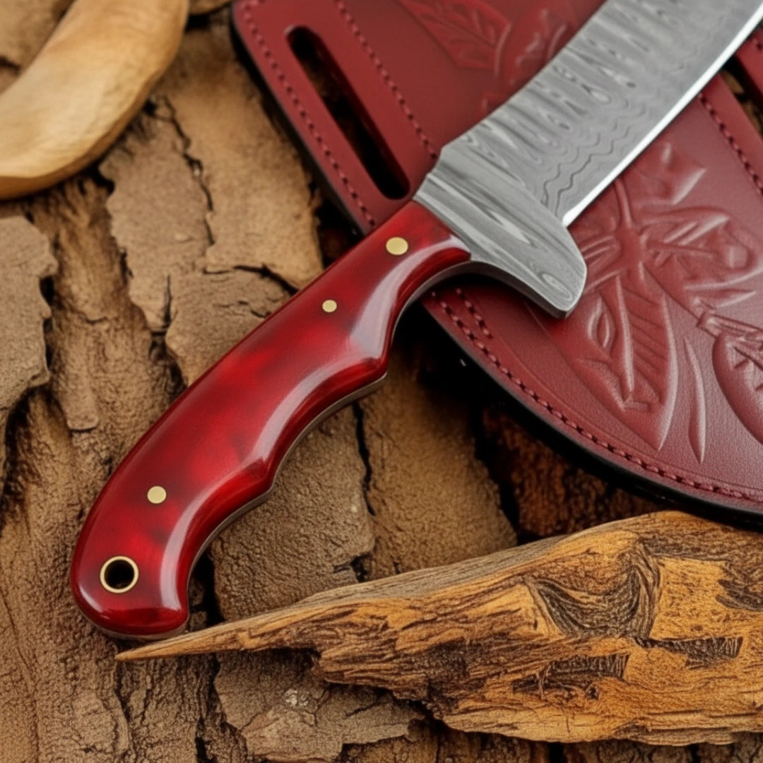 Knife with a red resin handle on a wooden surface