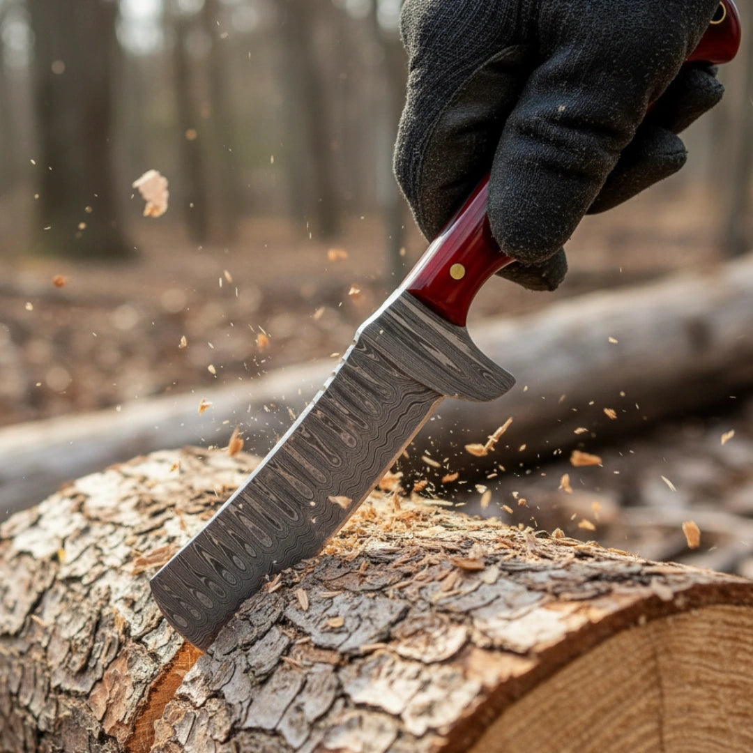 Hand holding a Bull cutter cutting through a log with a blurred forest background
