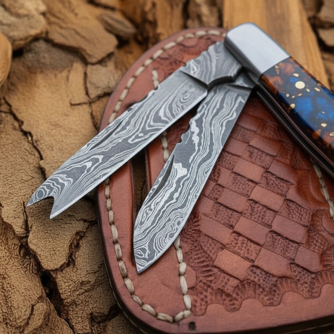 A close-up of a 7.5-inch handmade Damascus folding bull cutter knife with two blades open, resting on a leather sheath, showcasing its intricate Damascus steel patterns and blue resin handle.