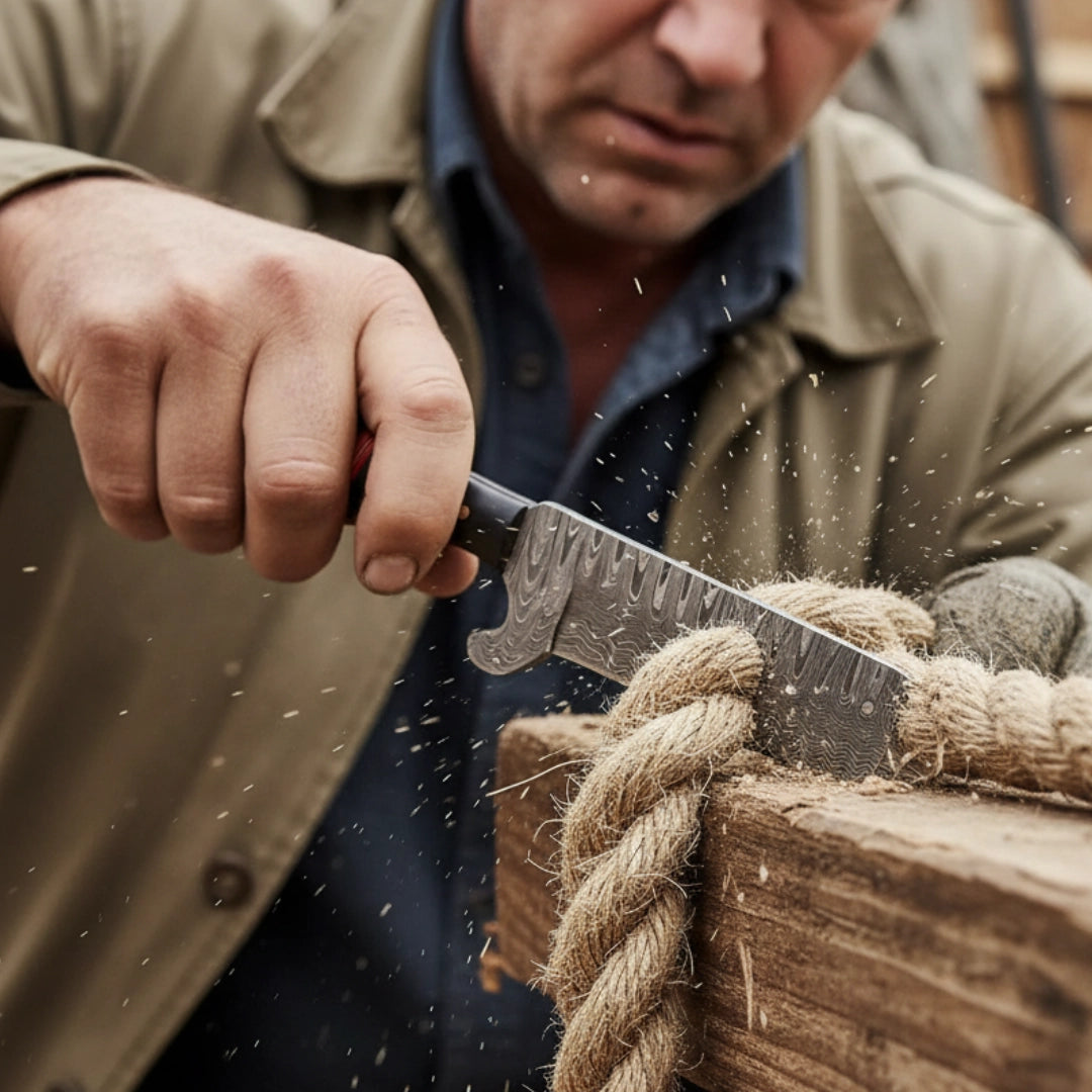 Person cutting rope with a knife on a wooden surface