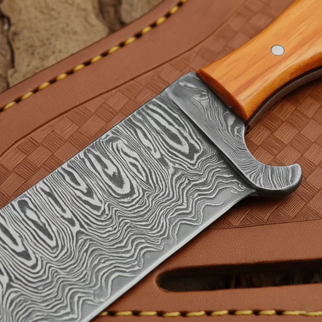 Damascus Bull cutter knife blade close up short