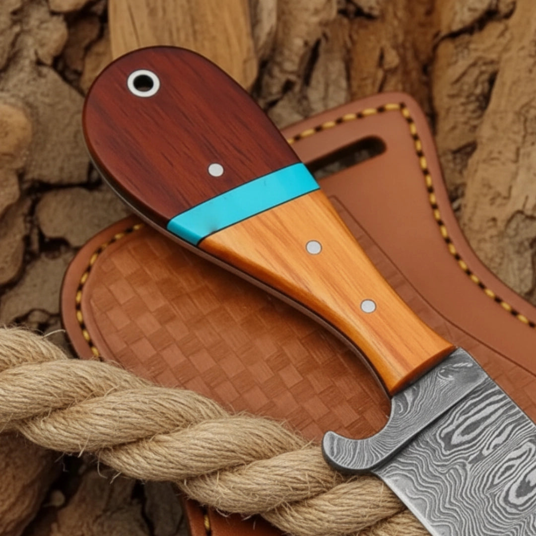 Knife with wooden handle and leather sheath on a textured background