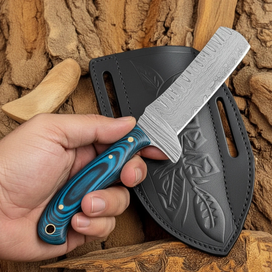 Hand holding a knife with a blue handle and gray blade, against a wooden background