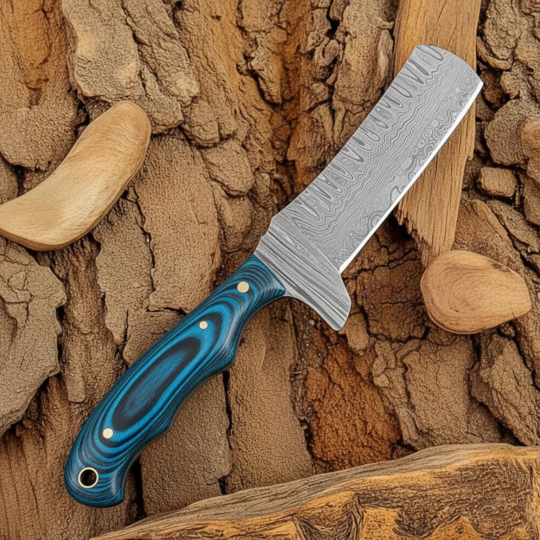 Forked knife with blue handle on a wooden background