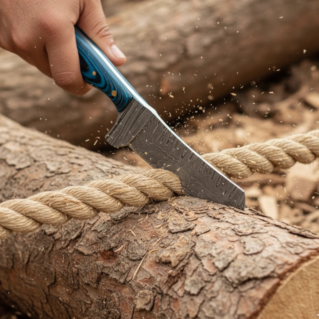 Hand using a knife to cut through rope on a log
