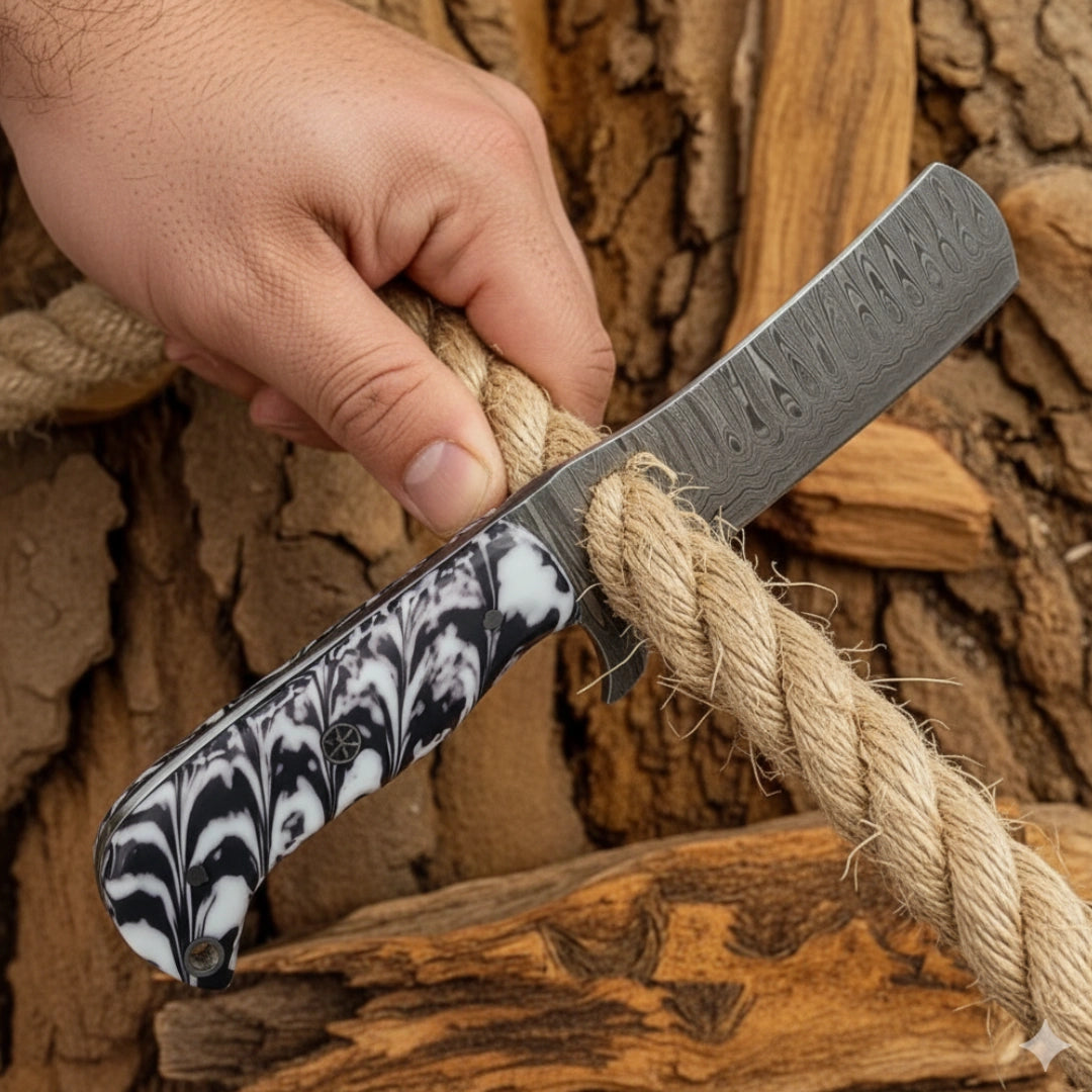 A close-up of a hand gripping an 8-inch handmade Damascus calf cutter knife as it slices through a rope, showcasing its functional design and durable blade.