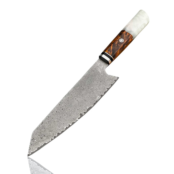 8-inch Kiritsuke chef knife featuring a wavy Damascus steel blade and an ergonomic handle
