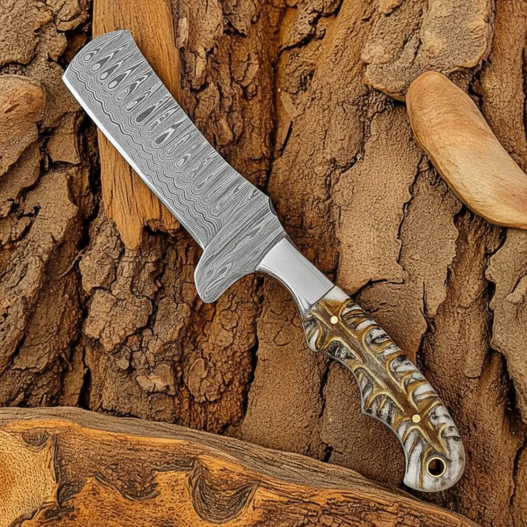 Decorative Bull Cutter knife with a wooden handle on a textured wooden background