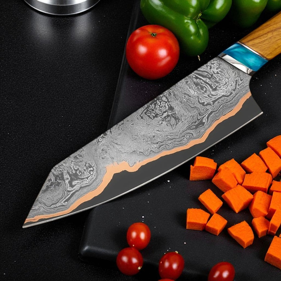 Decorative chef's knife with a wooden handle on a black surface with vegetables.