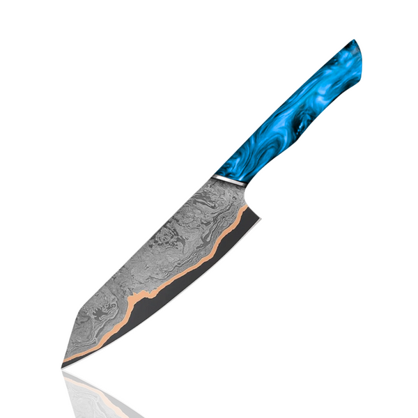 Copper Damascus Chef Knife with Blue Resin Handle – 8 Inch