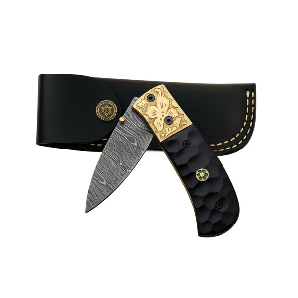 Engraved Damascus Folding Knife: Floral Brass Bolster