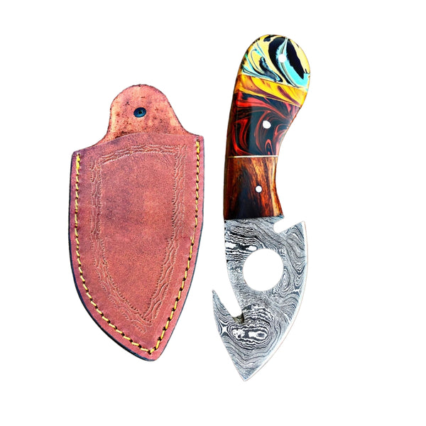 Damascus Gut Hook Multi-Color Resin Handle