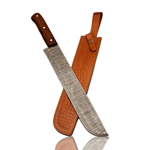 Full view of Bold Clyvano 12-inch Damascus Brisket Knife with Rose Wood handle crossed with its brown leather sheath, on a white background








