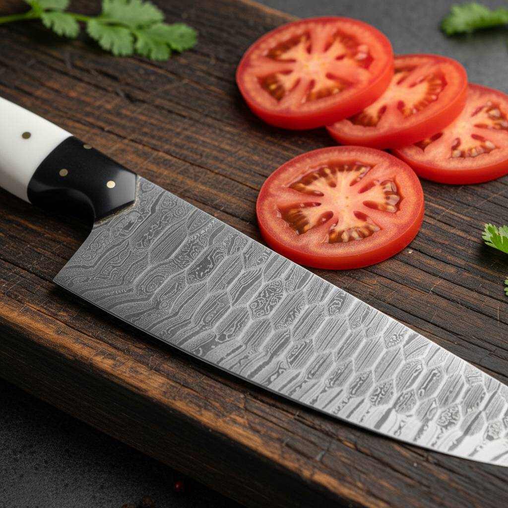 Chef's knife with a textured blade on a wooden surface next to sliced tomatoes