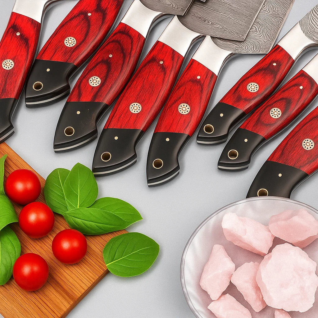 Set of knives with red and black handles on a gray background with vegetables and meat.
