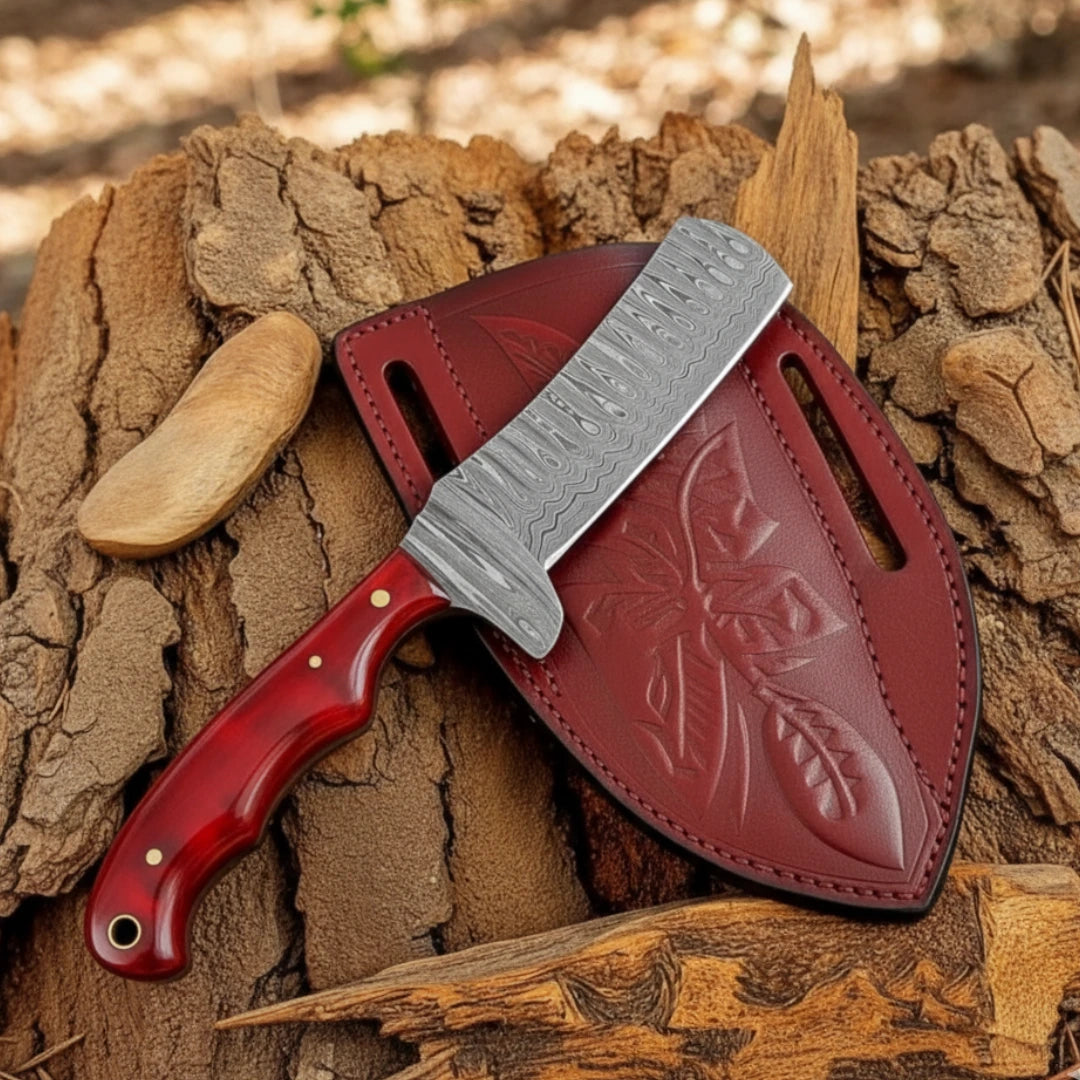 Knife with red handle and leather sheath on wooden background