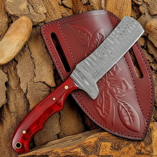 Bull Cutter Knife with red handle and silver blade on a brown leather sheath against a wooden background