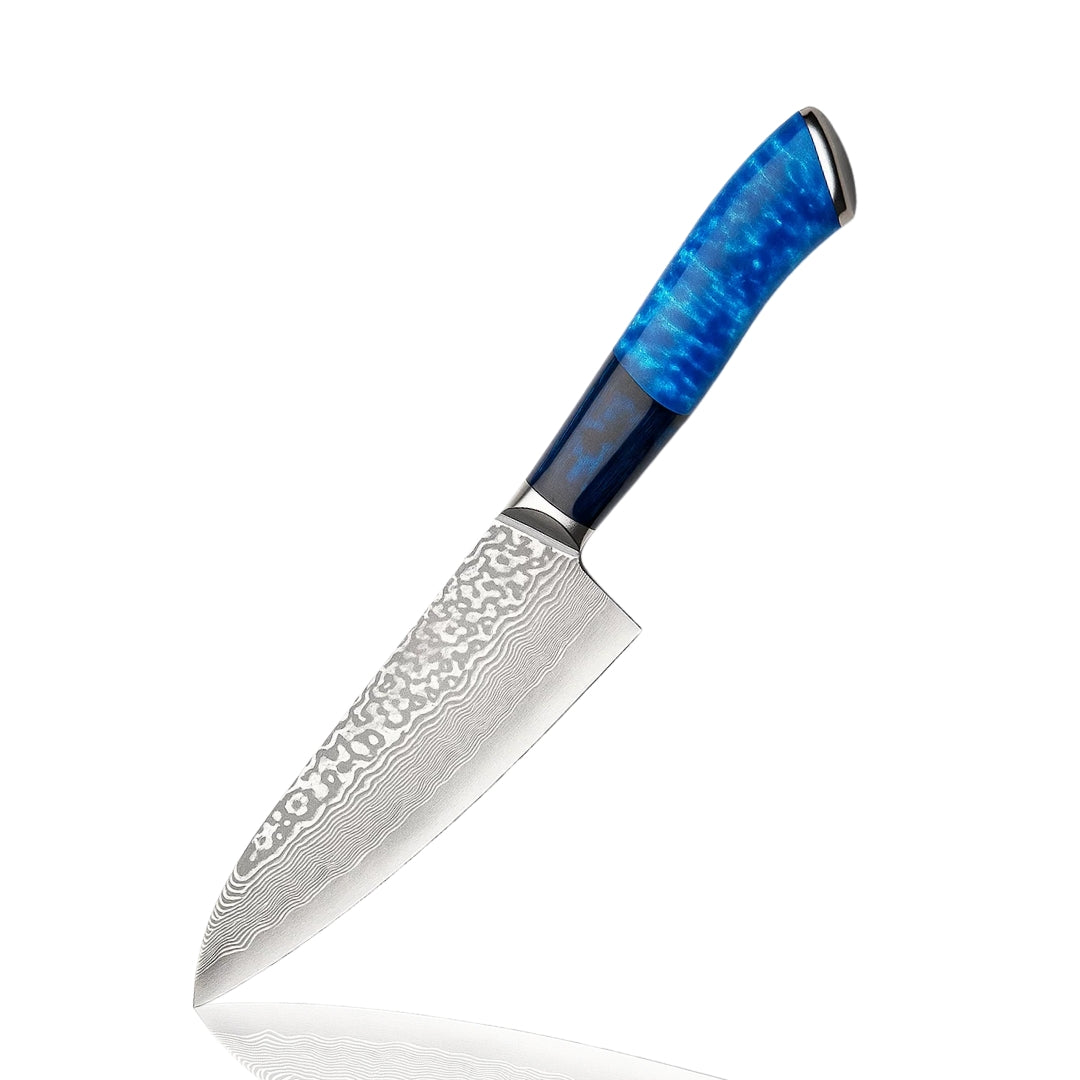 Damascus steel chef knife with a blue handle on a white background
