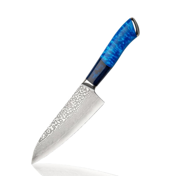 Damascus steel chef knife with a blue handle on a white background