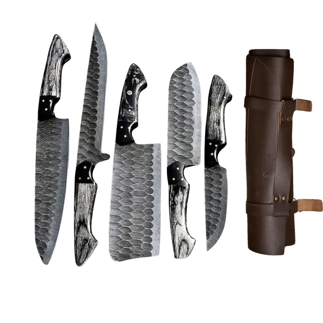 Five Damascus steel kitchen knives (Chef, Cleaver, Santoku, Utility, Paring) with dark wood handles, displayed upright next to their brown leather roll bag on a white background

