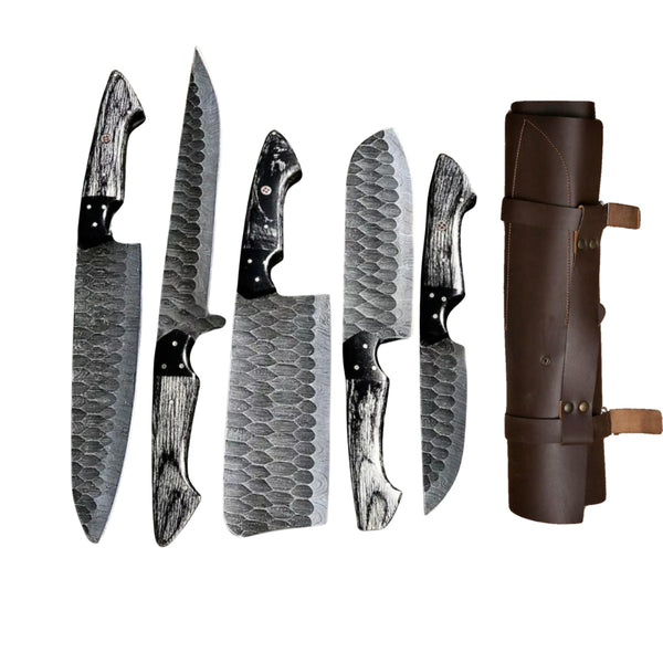 Five Damascus steel kitchen knives (Chef, Cleaver, Santoku, Utility, Paring) with dark wood handles, displayed upright next to their brown leather roll bag on a white background

