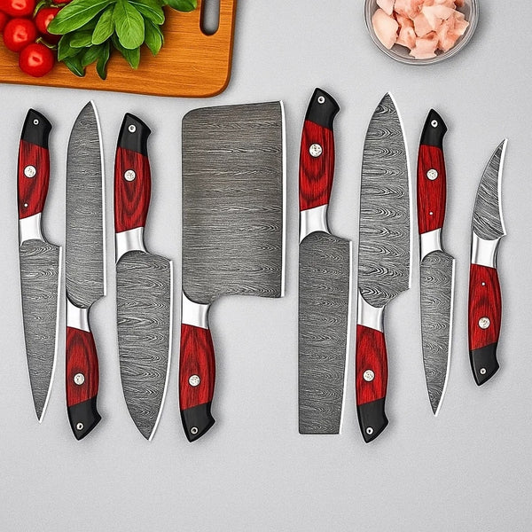 Set of knives with red handles on a gray background