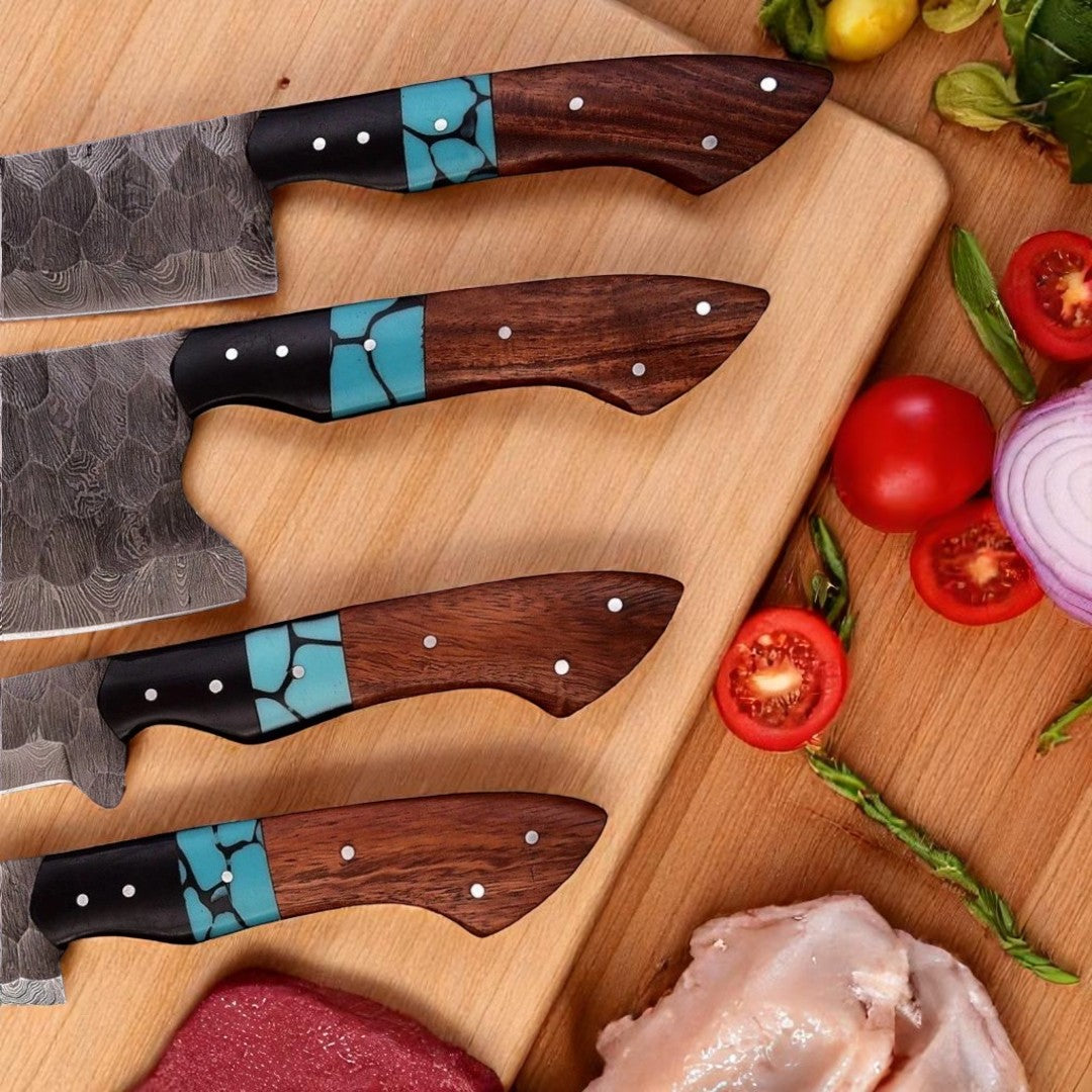 Close-up view of the distinct wood and turquoise resin inlaid handles of four Water Ripple  kitchen knives on a cutting board with vegetables