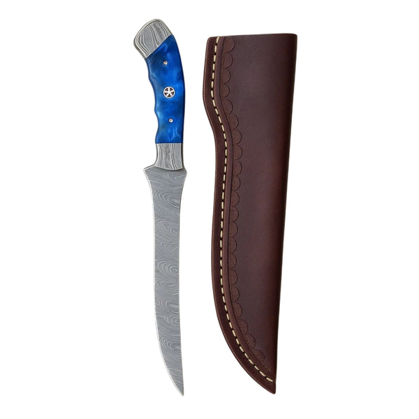Damascus Fillet Knife with blue swirled resin handle and Damascus bolster, displayed upright next to its brown leather cover on a white background