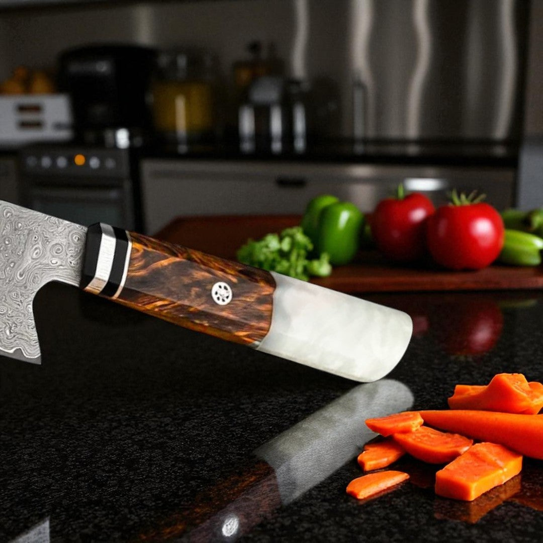 Decorative knife with a wooden handle on a kitchen counter with vegetables