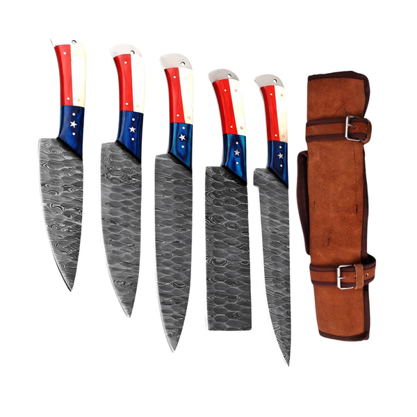 Five Patriotic Damascus Chef knives with American Flag handles and hammered blades, displayed upright next to their brown leather roll bag on a white background

