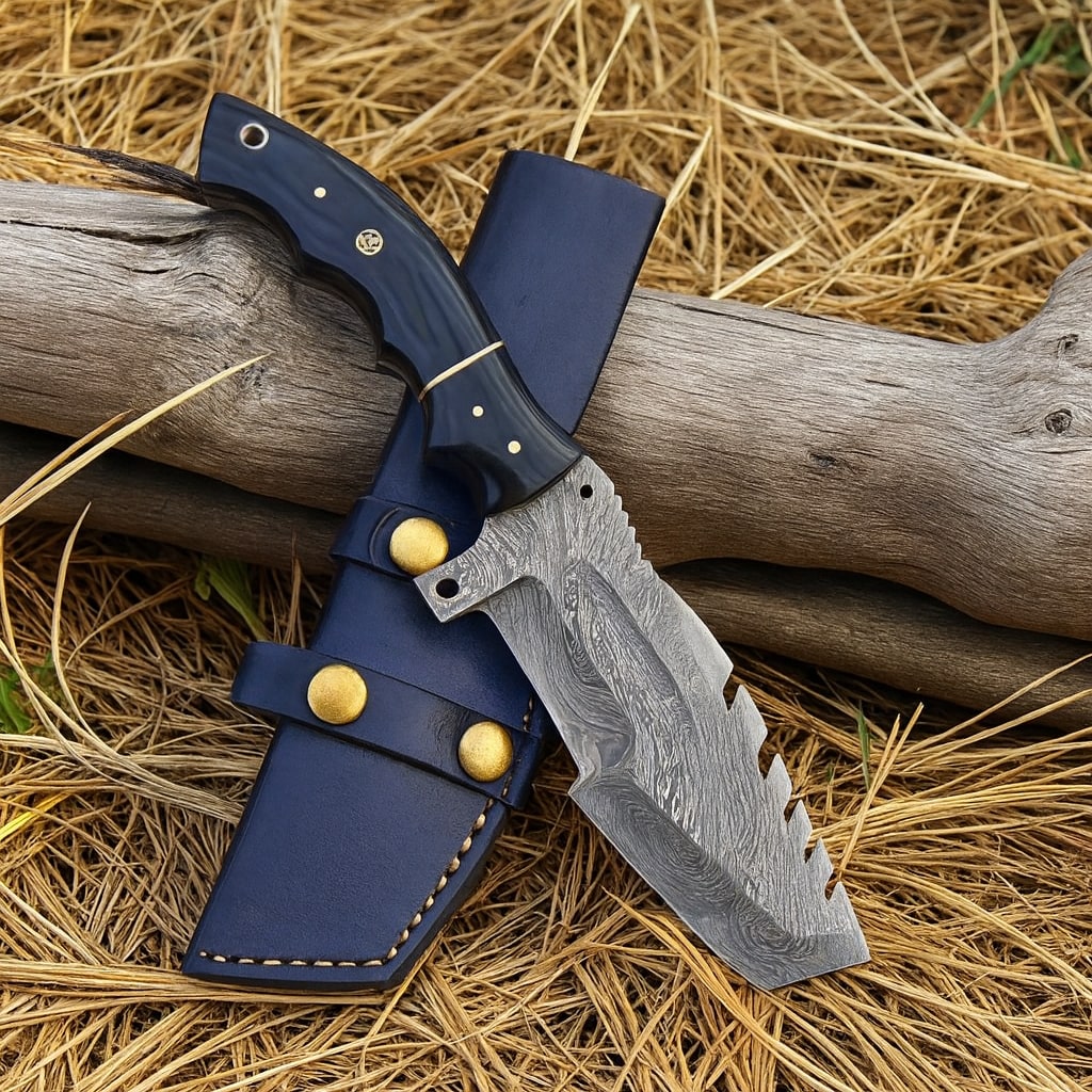 Tracker Knife with blue sheath on a wooden log and straw background