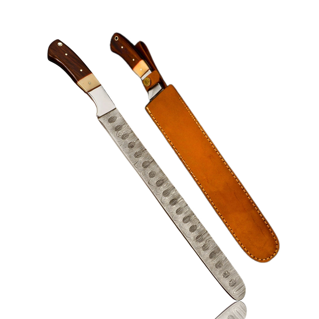 Handmade Damascus steel brisket knife with wooden handle, brass bolster, and leather sheath – ideal for BBQ, bread, and meat slicing.
