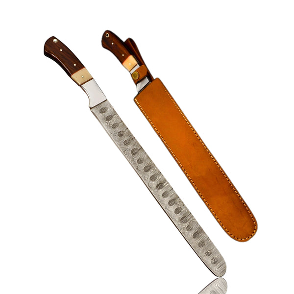 Handmade Damascus steel brisket knife with wooden handle, brass bolster, and leather sheath – ideal for BBQ, bread, and meat slicing.