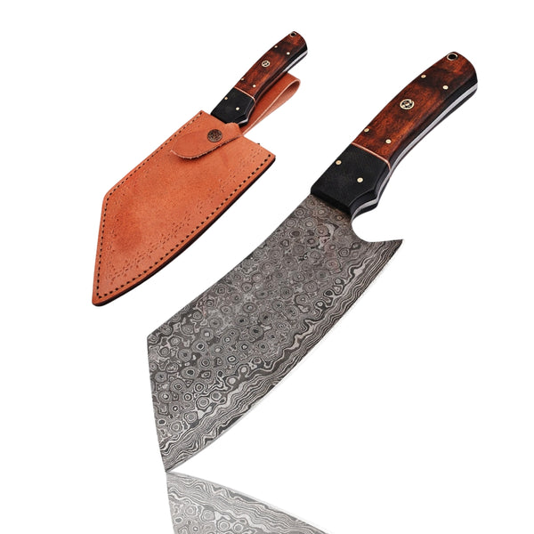 Handmade Damascus Steel Butcher Cleaver Knife with Raindrop pattern blade, displayed upright next to its brown leather sheath on a white background