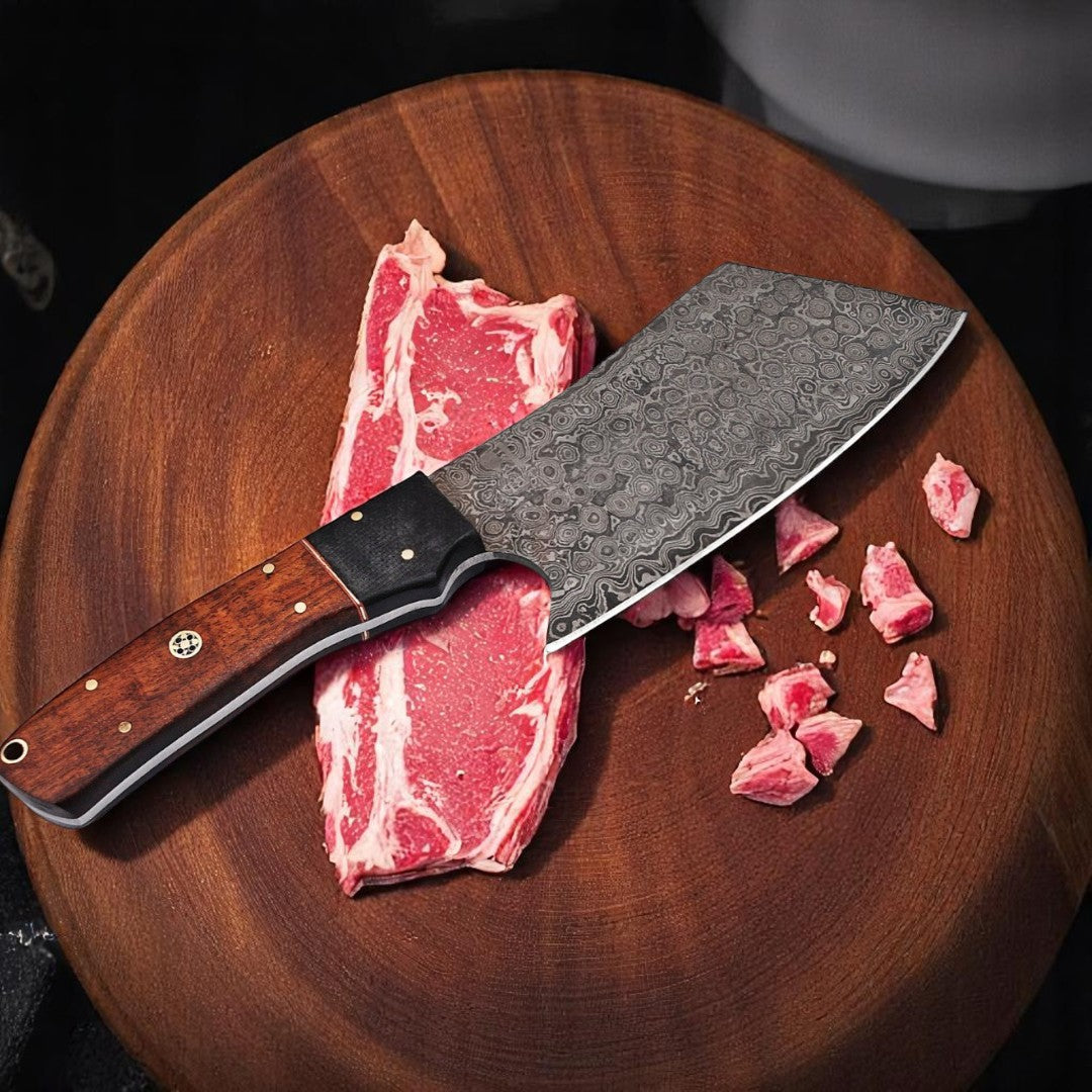 damascus-heavy-duty-cleaver-knife-on-meat