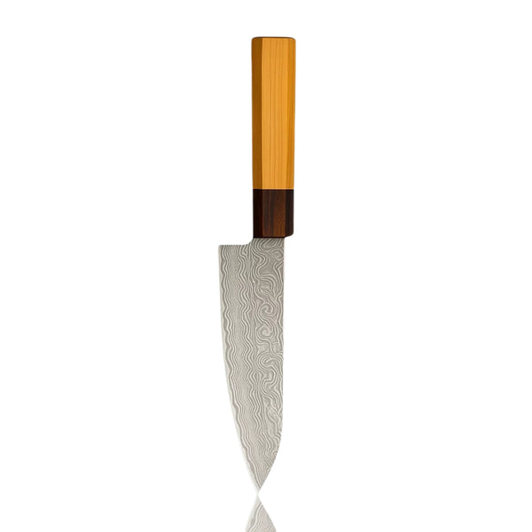 Full view of 7 Inch Japanese Damascus Santoku Knife with light and dark wooden Wa-Handle

