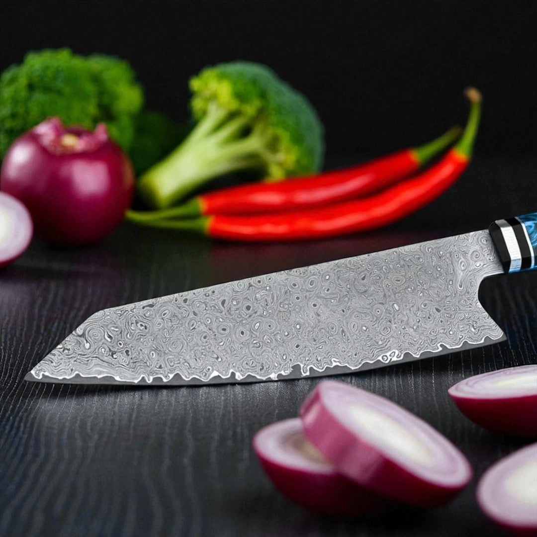 Premium Damascus chef knife with stunning blue & white resin handle, perfect for precision cutting in the kitchen.