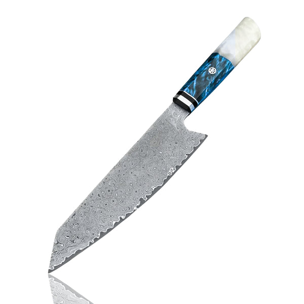 Damascus-Chef's knife with a blue and white handle on a white background