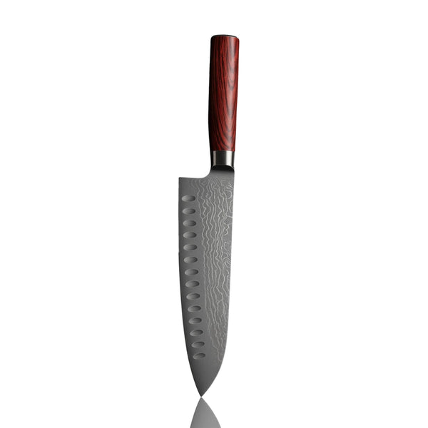 Professional 7 Inch Damascus Santoku Knife with reddish Pakkawood handle, full view

