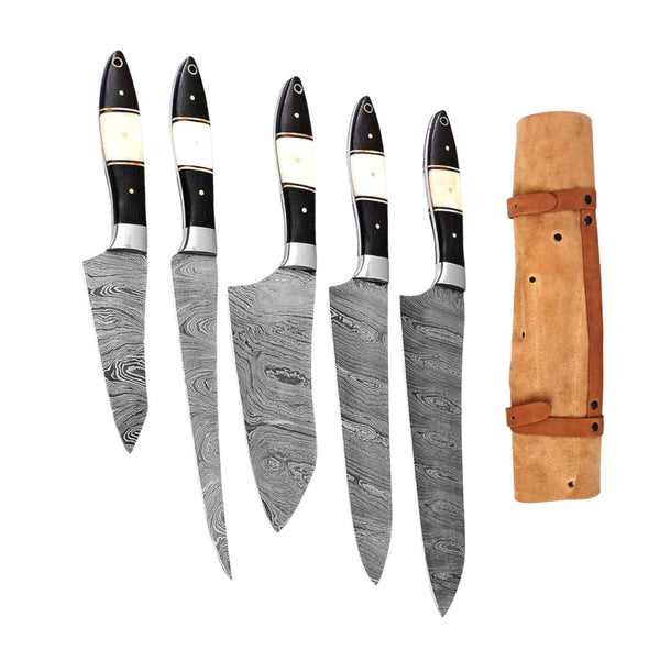  Professional 6-piece Damascus Chef Knife Set with black wood and camel bone handles, displayed upright next to a brown leather roll bag on a white background
